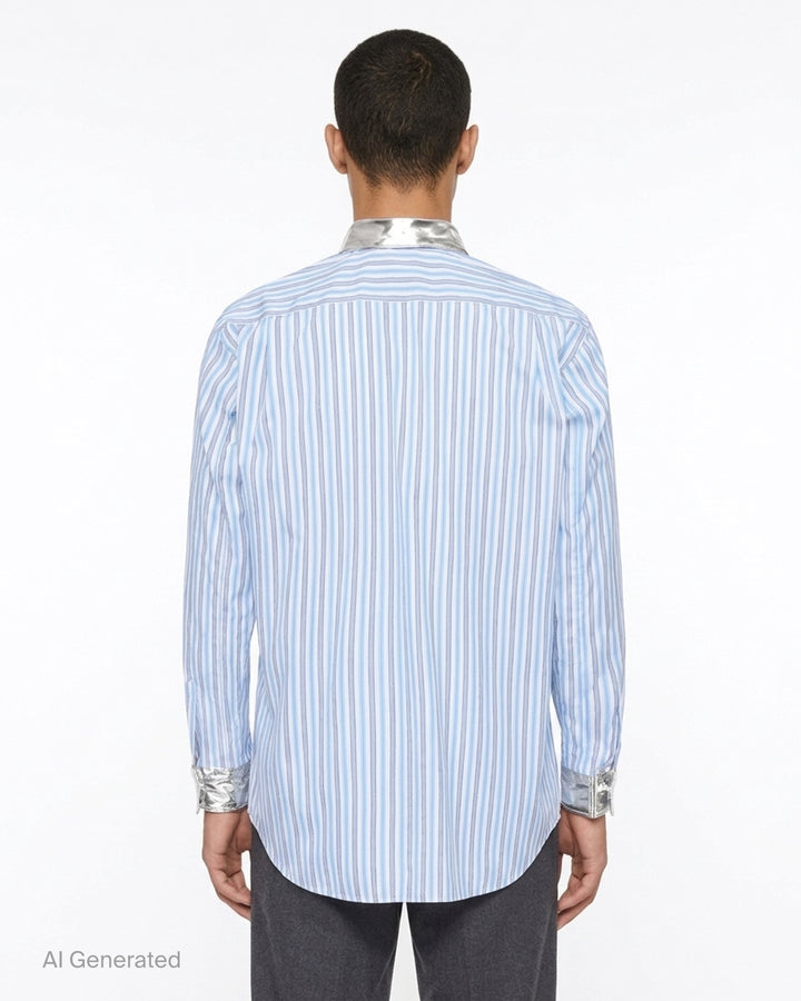 Blue and white striped button-up shirt with metallic gold collar and cuffs and a chest pocket - back