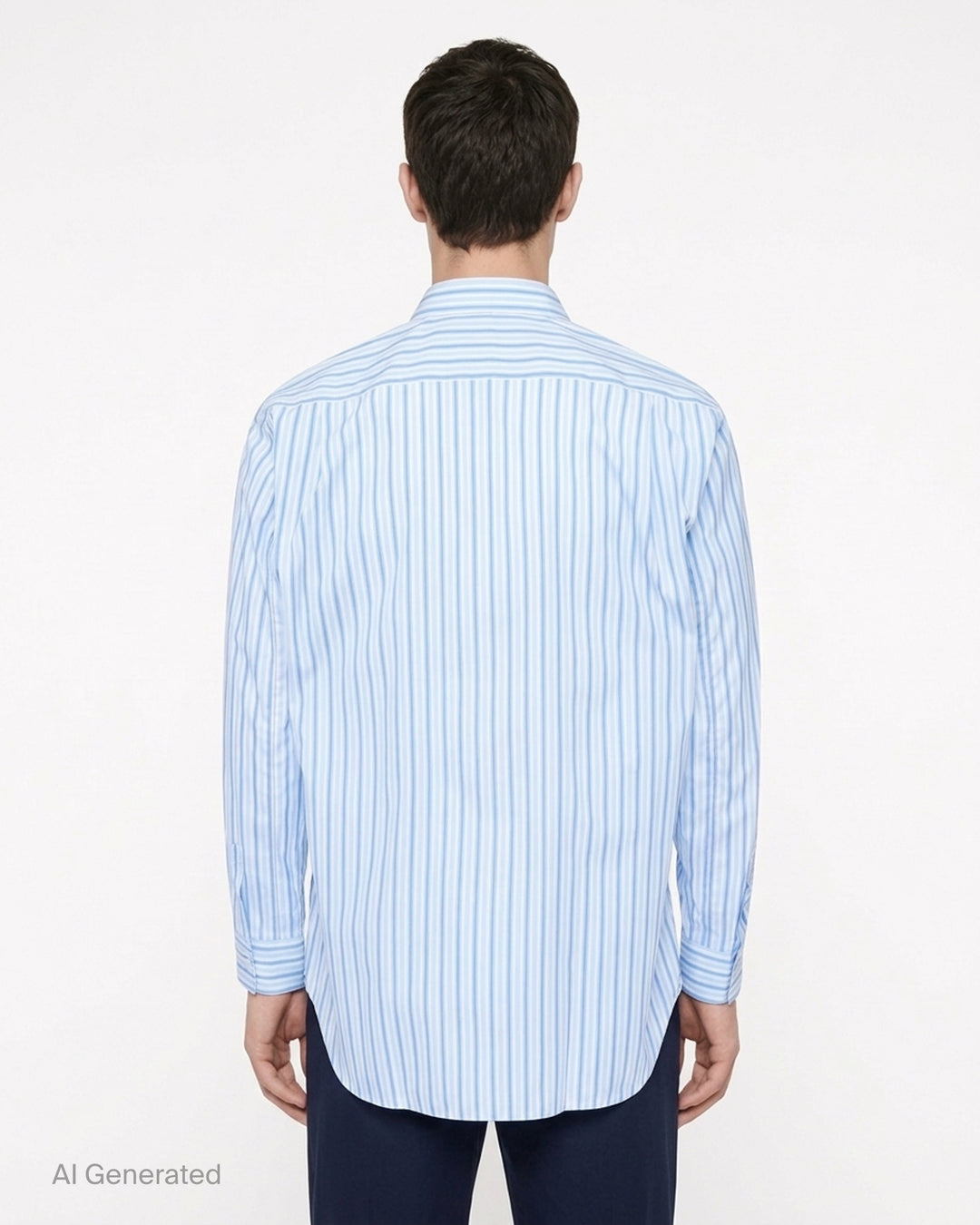 Comme des Garçons Shirt light blue and white striped long sleeve button-up shirt with two oversized metallic gold patch pockets, shown from the front - back