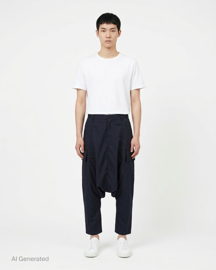 Comme des Garçons Shirt dark navy striped drop-crotch cargo pants with flap side pockets and cropped legs, shown from the front - front