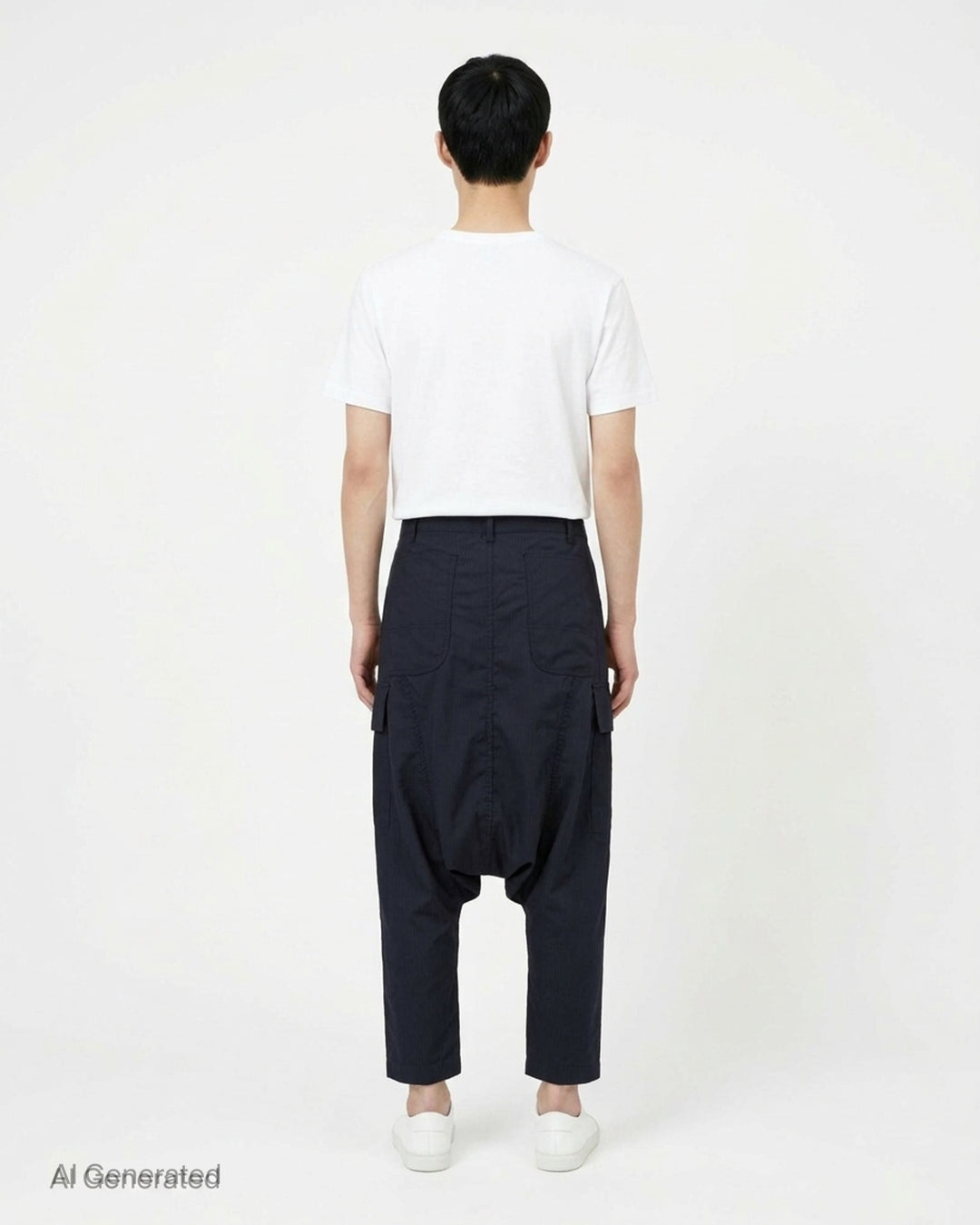 Comme des Garçons Shirt dark navy striped drop-crotch cargo pants with flap side pockets and cropped legs, shown from the front - back