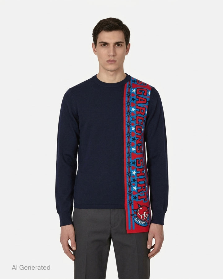 Comme des Garçons Shirt navy crewneck sweater with a vertical red and blue jacquard scarf-style panel and CDG Shirt emblem - front