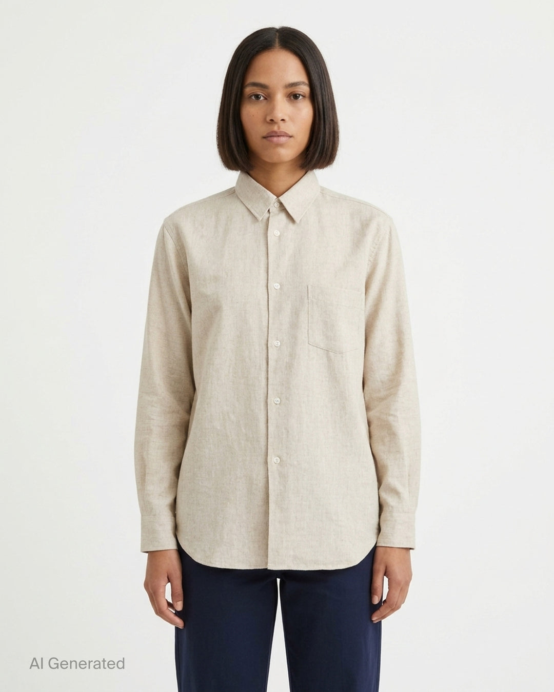 Comme des Garçons SHIRT wool nylon blend button-up shirt in heathered oatmeal with point collar, chest patch pocket and white buttons - front