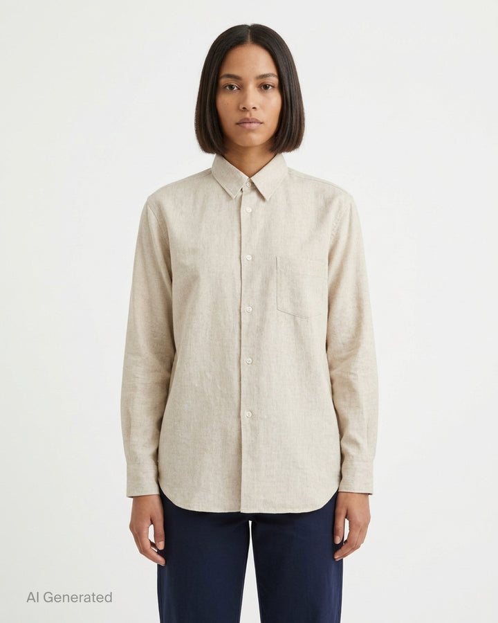 Comme des Garçons SHIRT wool nylon blend button-up shirt in heathered oatmeal with point collar, chest patch pocket and white buttons - front