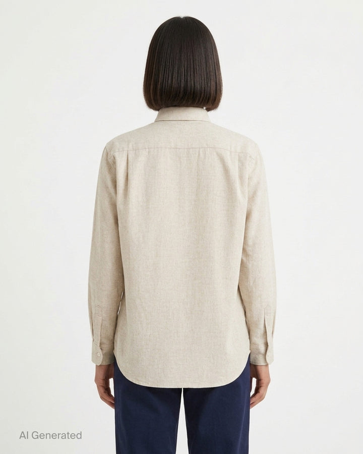 Comme des Garçons SHIRT wool nylon blend button-up shirt in heathered oatmeal with point collar, chest patch pocket and white buttons - back