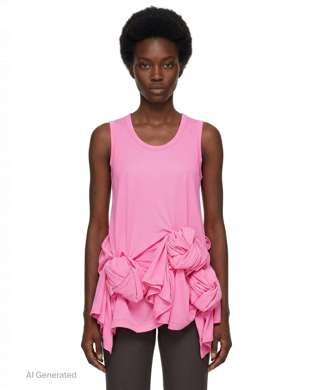 Comme des Garçons bright pink sleeveless tank top with dramatic knotted and gathered ruffle detailing across the lower hem, shown flat on a white background - front