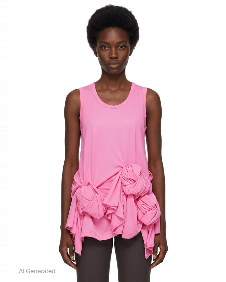 Comme des Garçons bright pink sleeveless tank top with dramatic knotted and gathered ruffle detailing across the lower hem, shown flat on a white background - front
