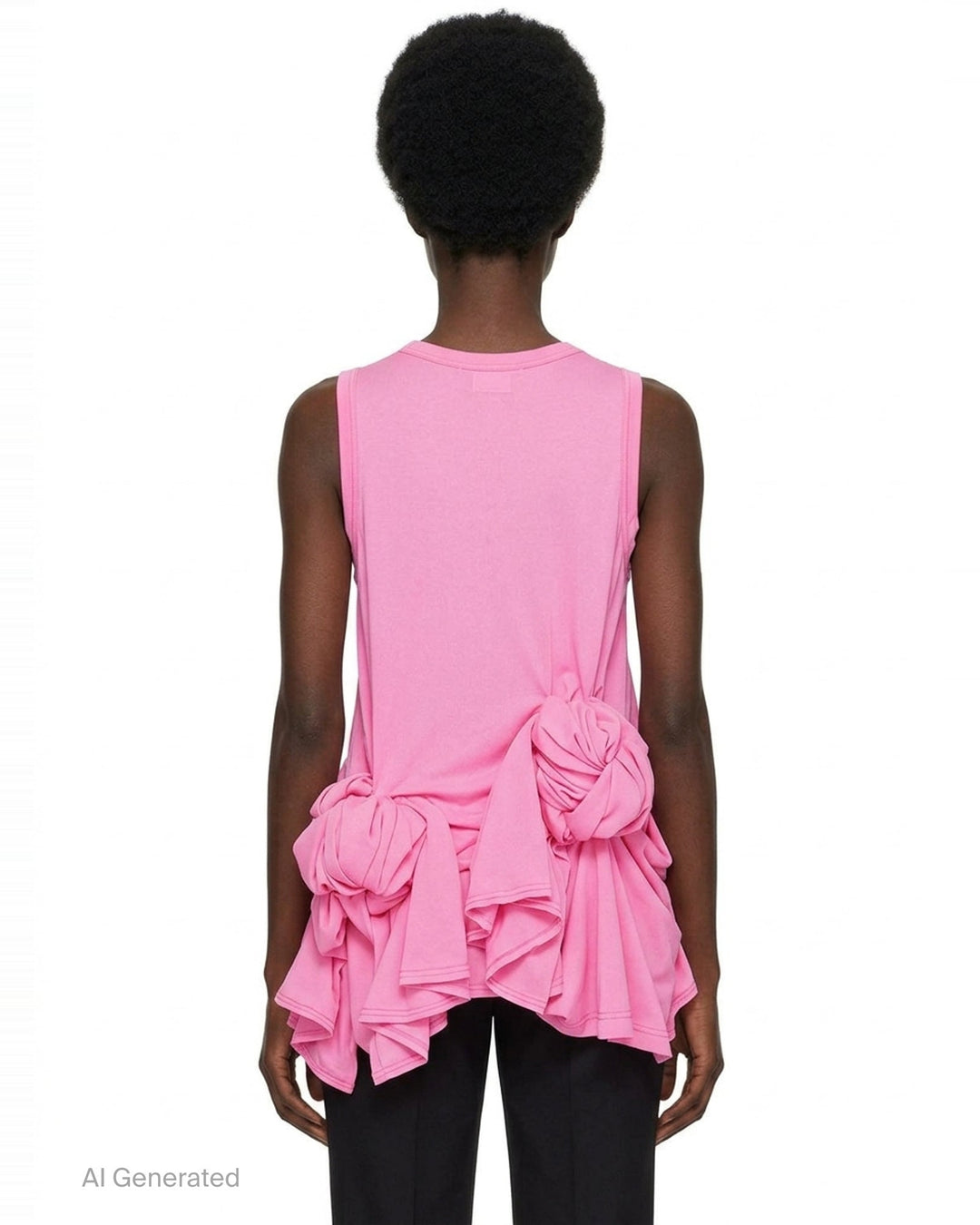 Comme des Garçons bright pink sleeveless tank top with dramatic knotted and gathered ruffle detailing across the lower hem, shown flat on a white background - back