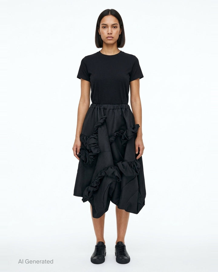 Comme des Garçons black voluminous balloon midi skirt with asymmetric sculptural ruffle clusters and elasticated waistband, product flat lay on white background - front