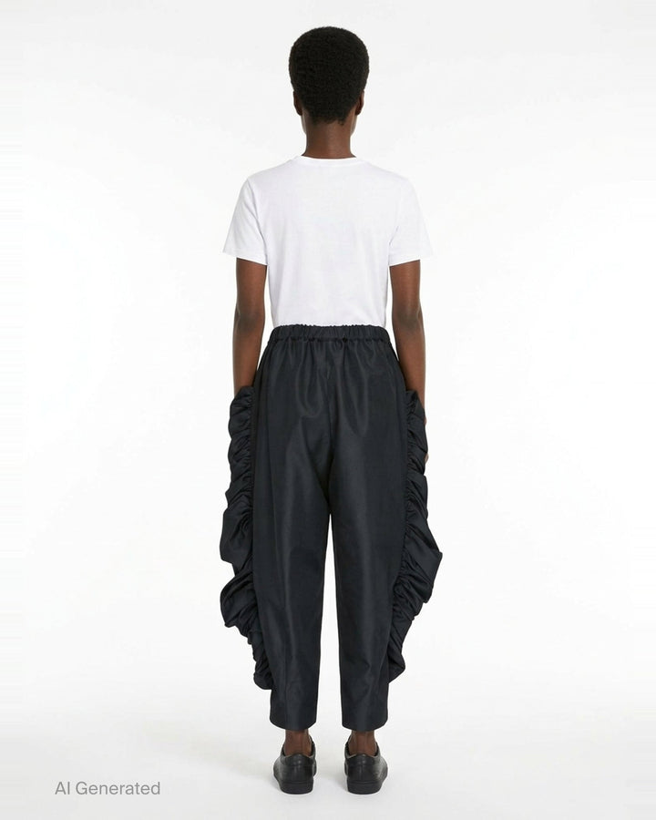 Comme des Garçons wide-leg black pants with dramatic ruched frill panels along both side seams and an elasticated waistband, displayed flat against a white background - back