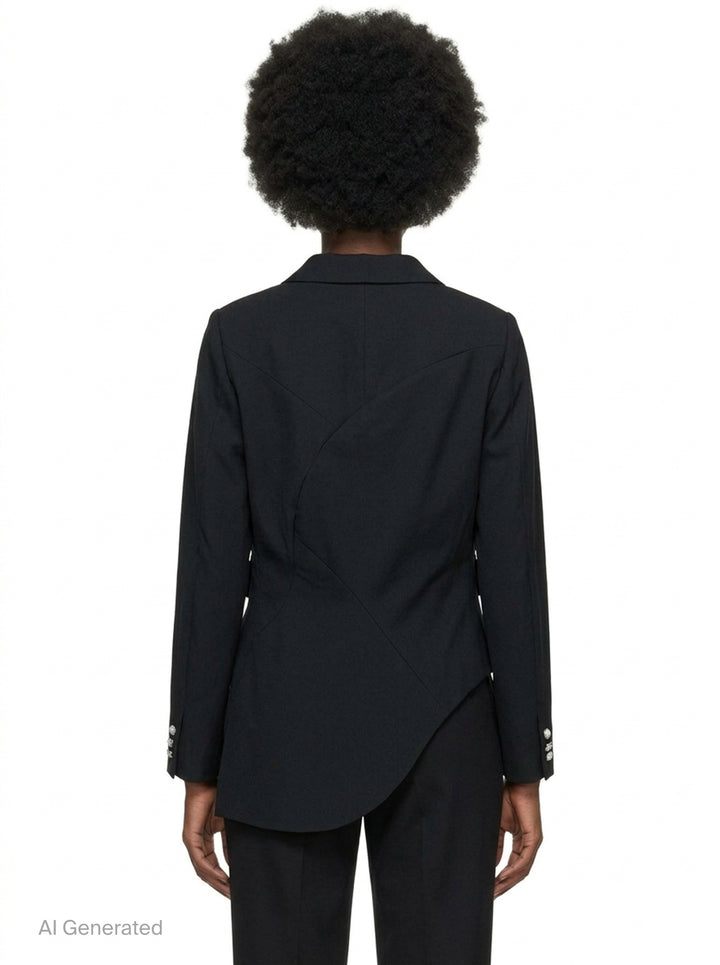 Comme des Garçons black wrap blazer with asymmetric curved hem panel exposing satin lining, peak lapels, jewel-set buttons, and structured shoulders, displayed flat on white background - back