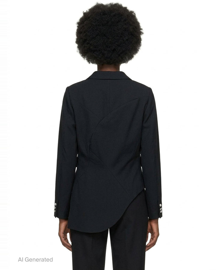 Comme des Garçons black wrap blazer with asymmetric curved hem panel exposing satin lining, peak lapels, jewel-set buttons, and structured shoulders, displayed flat on white background - back