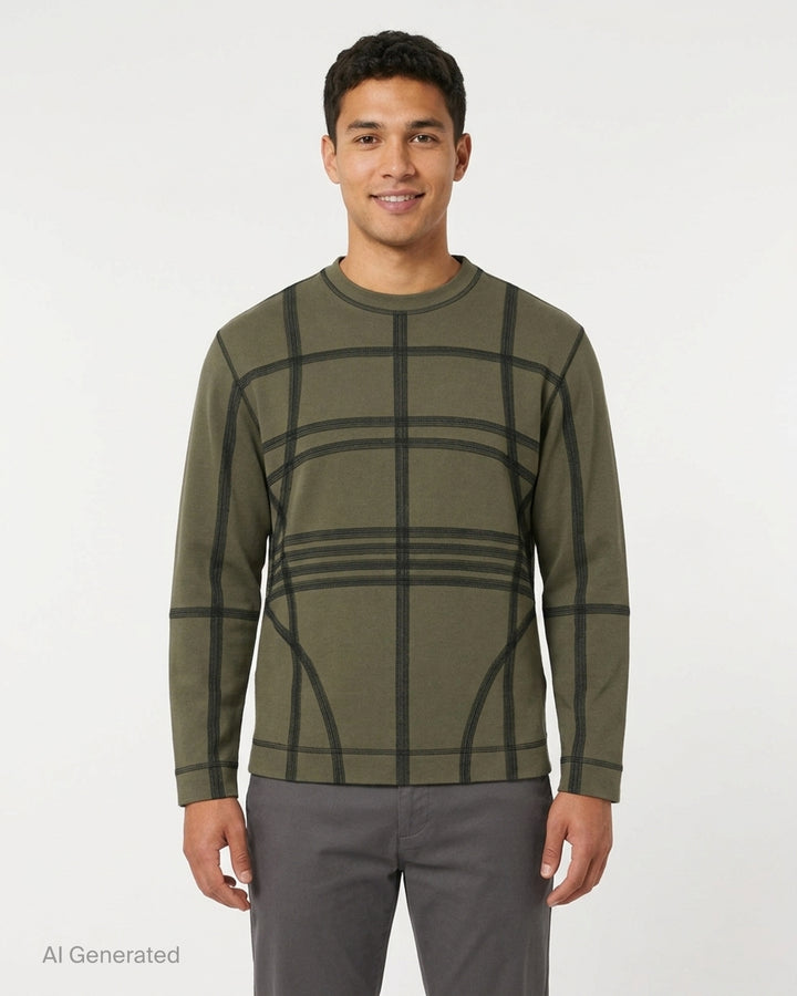 Craig Green olive long sleeve T-shirt with black flatlock stitching forming a grid pattern across the body and sleeves - front