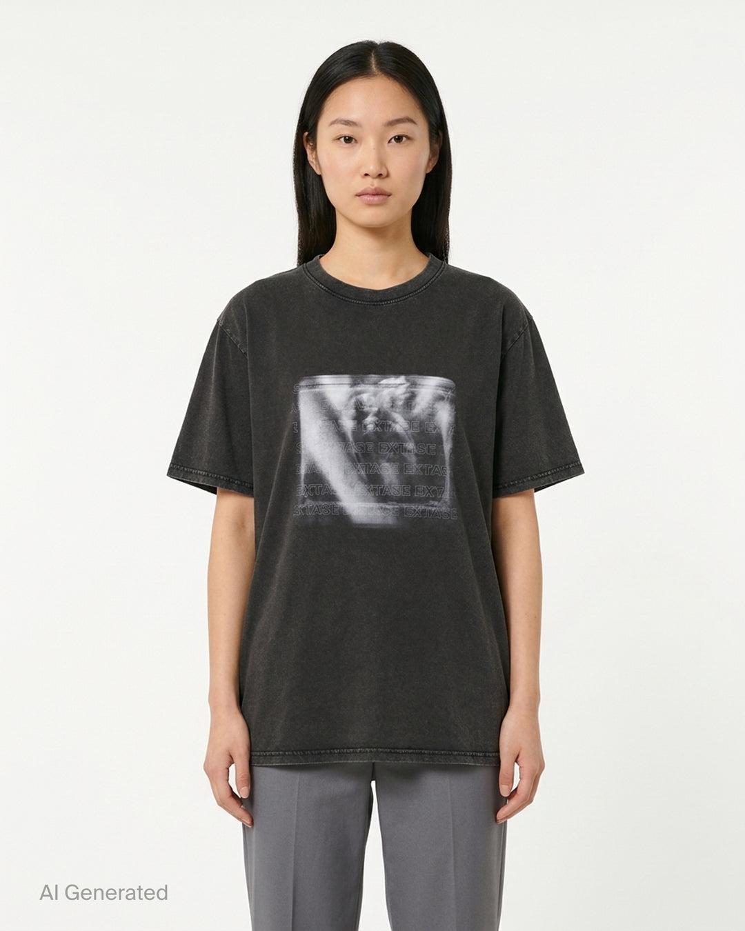Deathmask Hedy Lamarr And The Frequency washed black short sleeve tee with blurred monochrome graphic and repeating EXTASE text on the chest - front