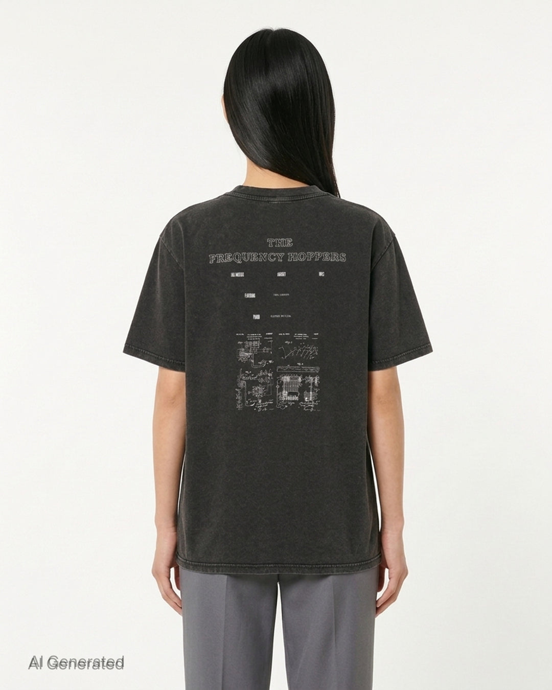 Deathmask Hedy Lamarr And The Frequency washed black short sleeve tee with blurred monochrome graphic and repeating EXTASE text on the chest - back