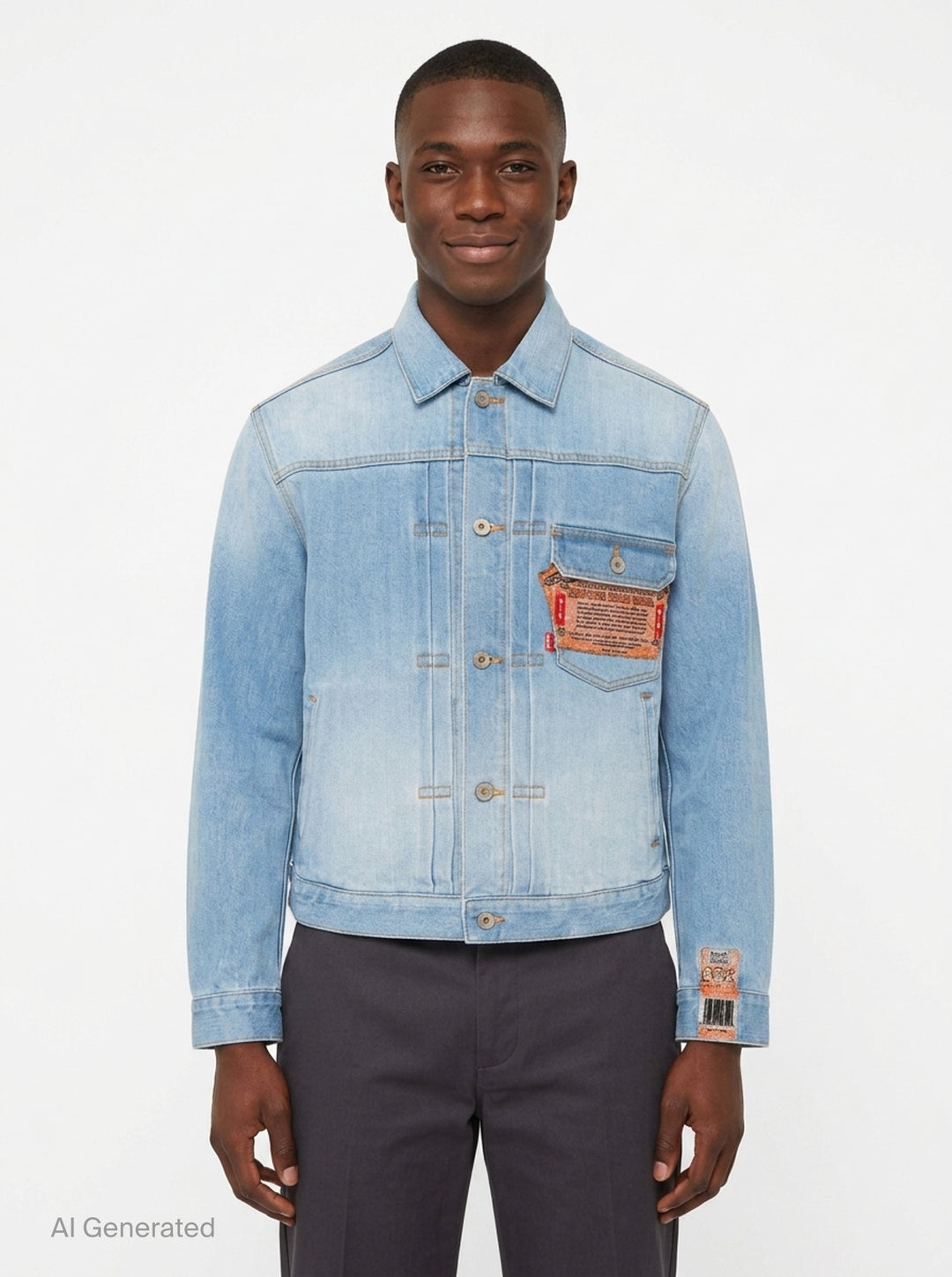 doublet Air Yarn Faded Denim Jacket in light-wash blue with archival printed patch labels on the chest pocket and cuff, featuring amber topstitching and gunmetal button fastening - front