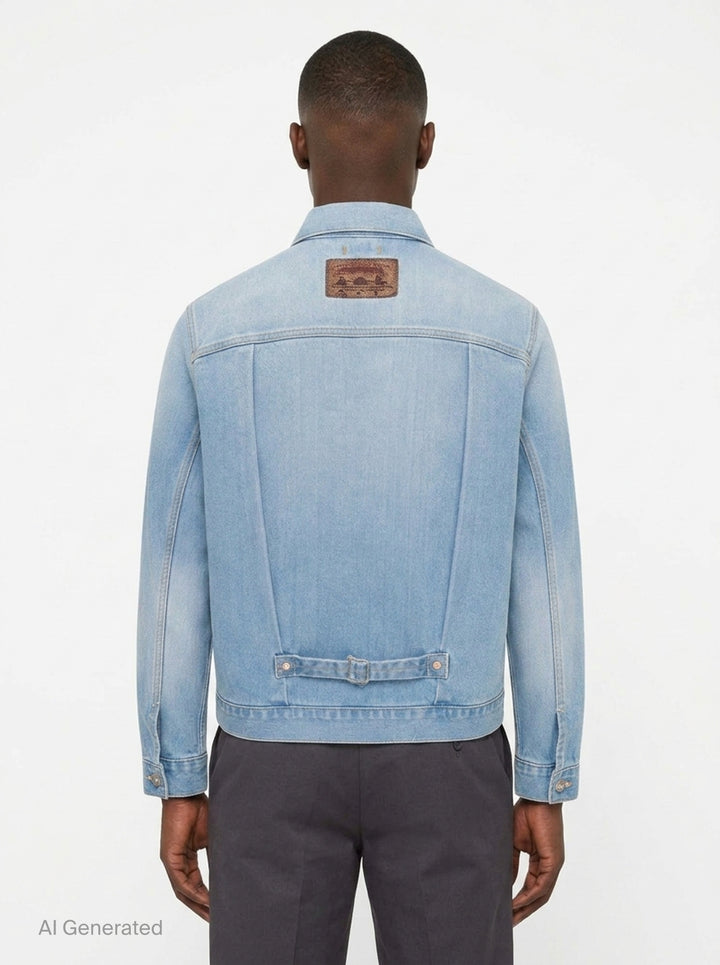 doublet Air Yarn Faded Denim Jacket in light-wash blue with archival printed patch labels on the chest pocket and cuff, featuring amber topstitching and gunmetal button fastening - back