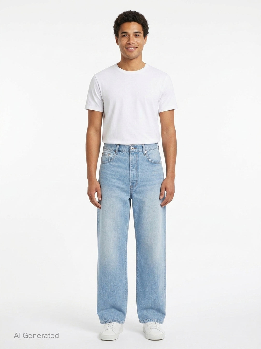 doublet Air Yarn Faded Wide-Leg Jeans in light wash blue, front view showing high-rise waist, five-pocket detail, and exaggerated wide leg silhouette with contrast orange topstitching - front
