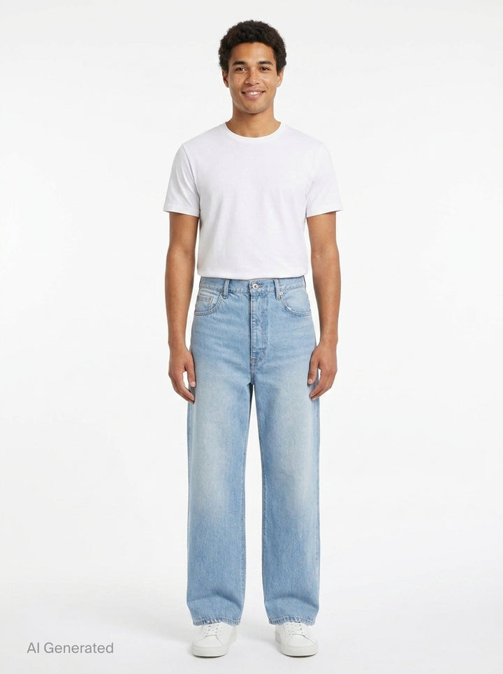 doublet Air Yarn Faded Wide-Leg Jeans in light wash blue, front view showing high-rise waist, five-pocket detail, and exaggerated wide leg silhouette with contrast orange topstitching - front