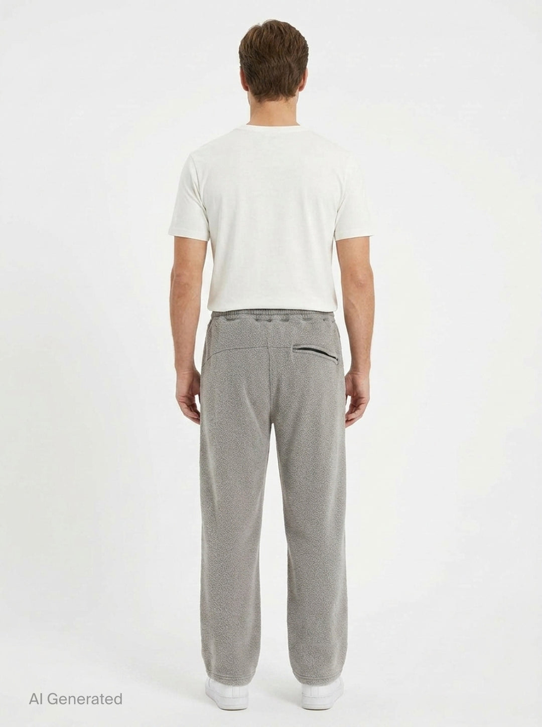 doublet Air Yarn Fleece Pants in heather grey, shown flat — wide-leg silhouette with speckled fleece texture, zip side pockets, elasticated drawstring waistband, and embroidered triangle logo patch at the hip - back
