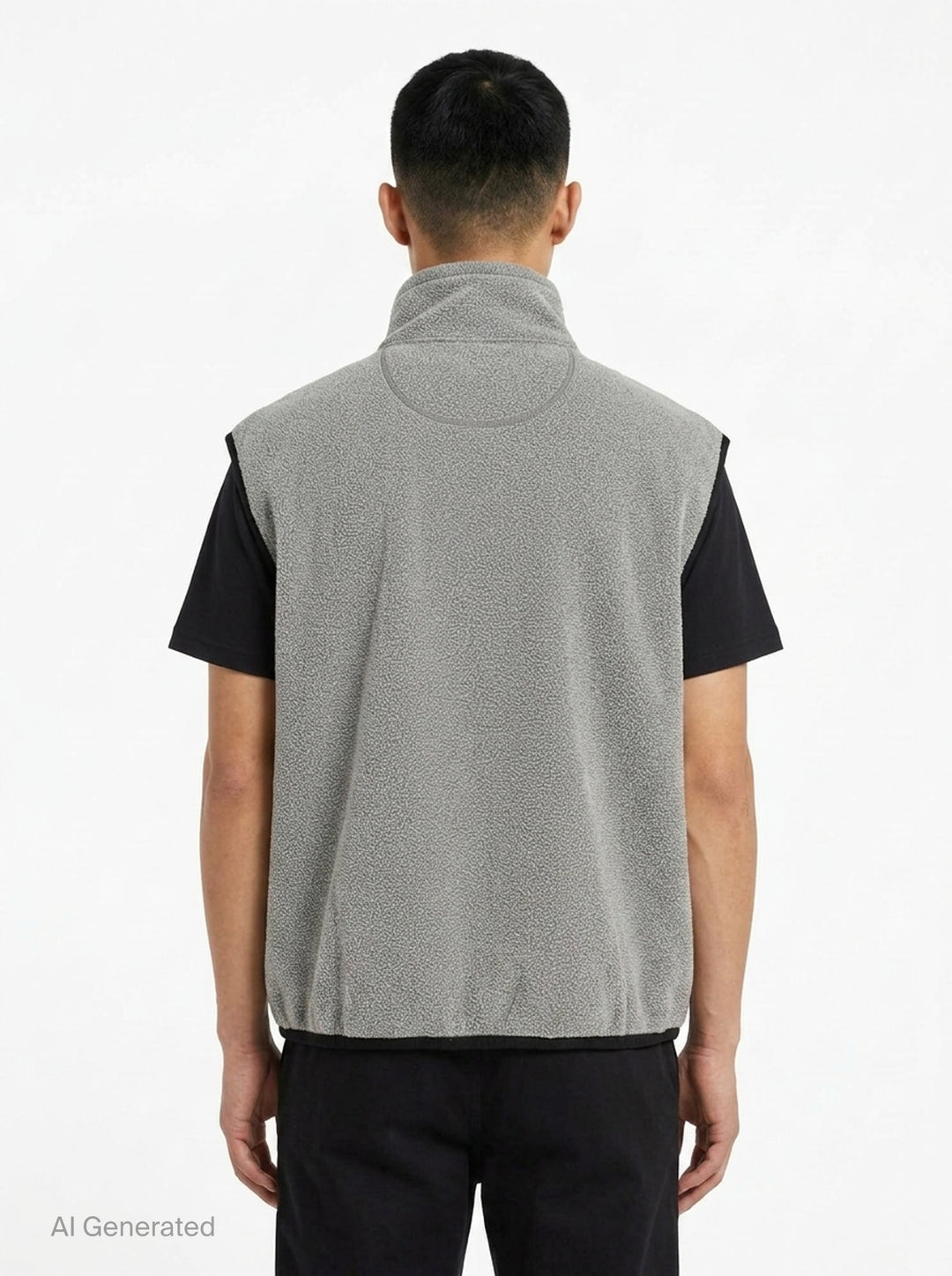 doublet Air Yarn Fleece Vest in heathered grey with contrast black trim, full-length zip, funnel collar, and embroidered triangle logo badge on the chest - back