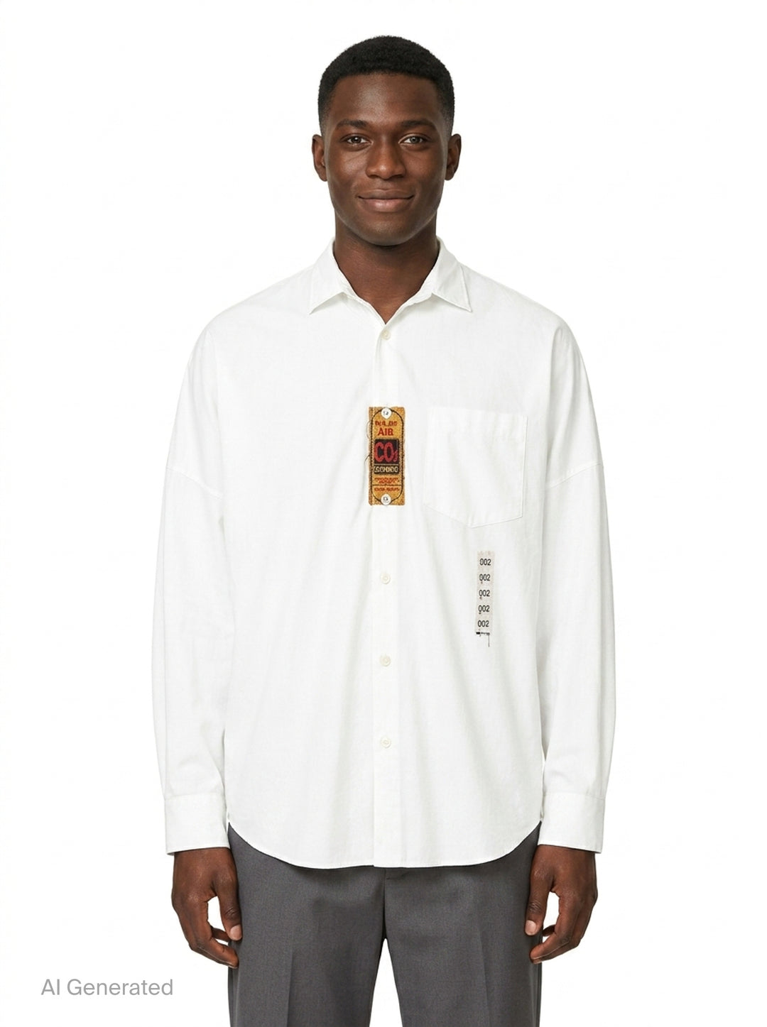 doublet Air Yarn Long Sleeve Shirt in white with embroidered CO2 Zephyr patch on the chest and repeated CO2 stamp graphic on the lower front, shown flat on a white background - front