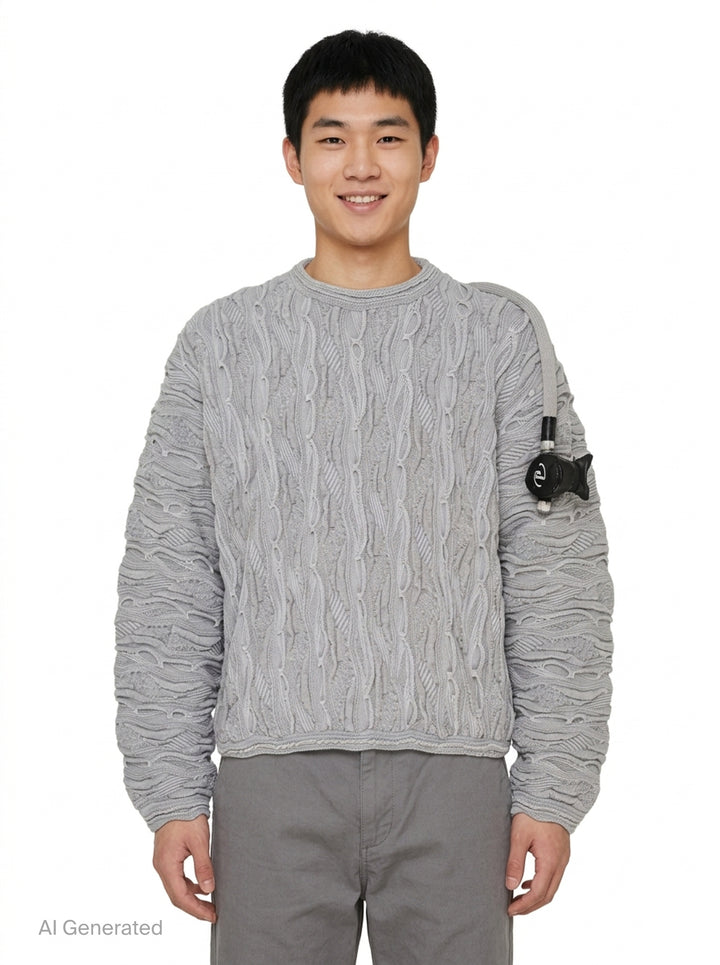 doublet Air Yarn Regulator Knit Pullover in grey, featuring distressed cable-knit texture across the body and sleeves with an attached scuba regulator hardware detail on the sleeve, crew neckline, shot flat on a white background - front