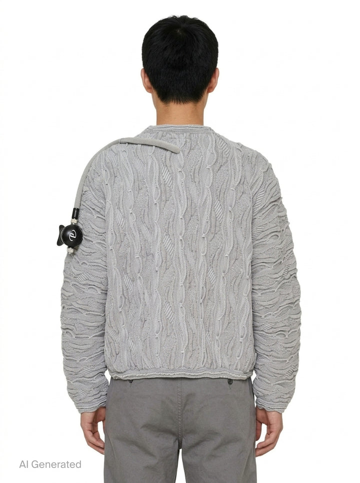 doublet Air Yarn Regulator Knit Pullover in grey, featuring distressed cable-knit texture across the body and sleeves with an attached scuba regulator hardware detail on the sleeve, crew neckline, shot flat on a white background - back