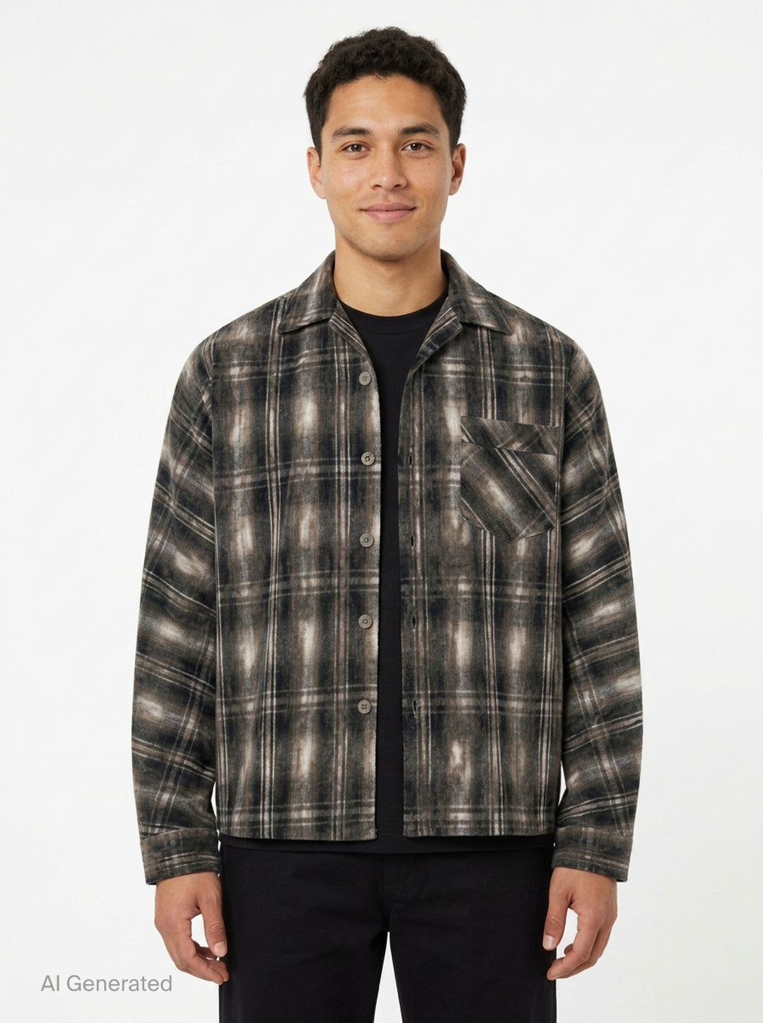 doublet Dust Flocky Pajama Shirt in distressed ombré plaid flannel with camp collar, button-front placket, and chest patch pocket - front