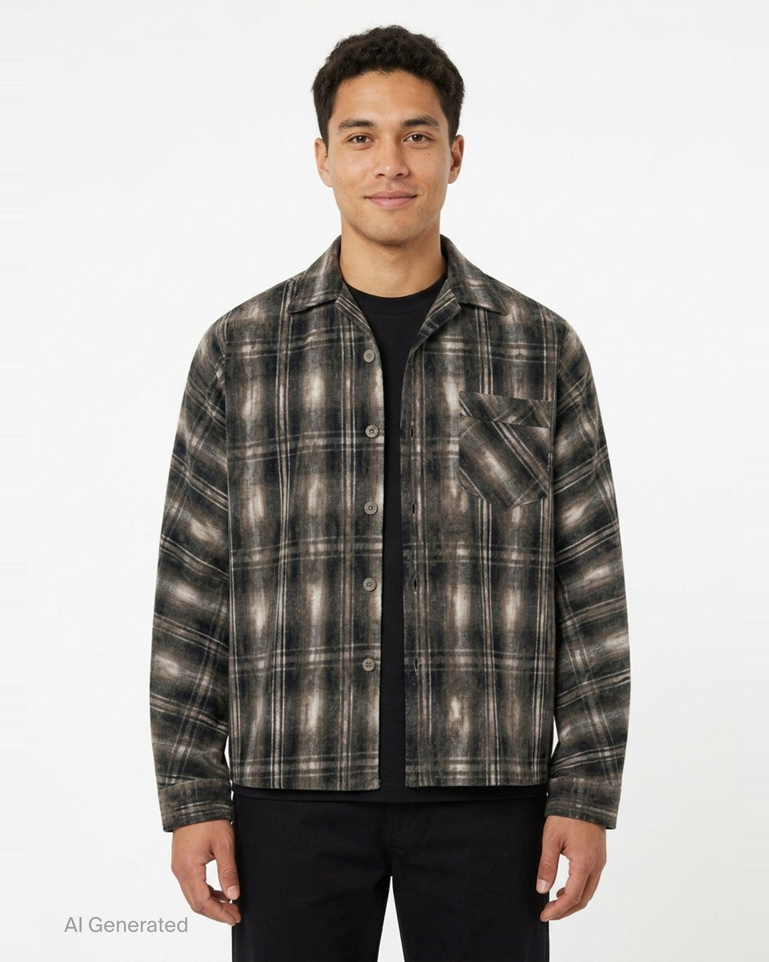 doublet Dust Flocky Pajama Shirt in distressed ombré plaid flannel with camp collar, button-front placket, and chest patch pocket - front
