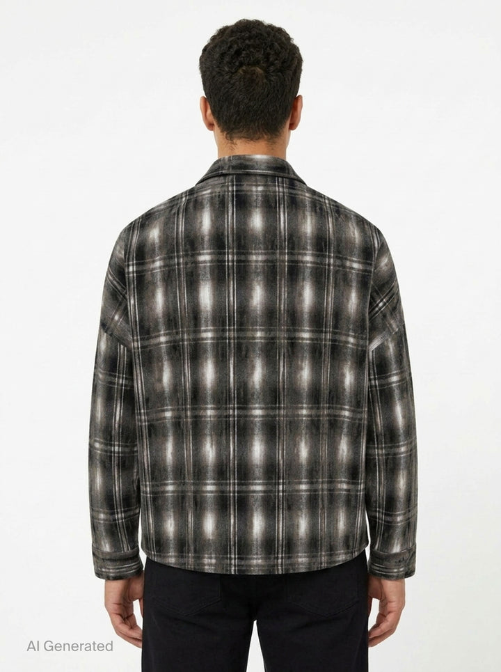 doublet Dust Flocky Pajama Shirt in distressed ombré plaid flannel with camp collar, button-front placket, and chest patch pocket - back