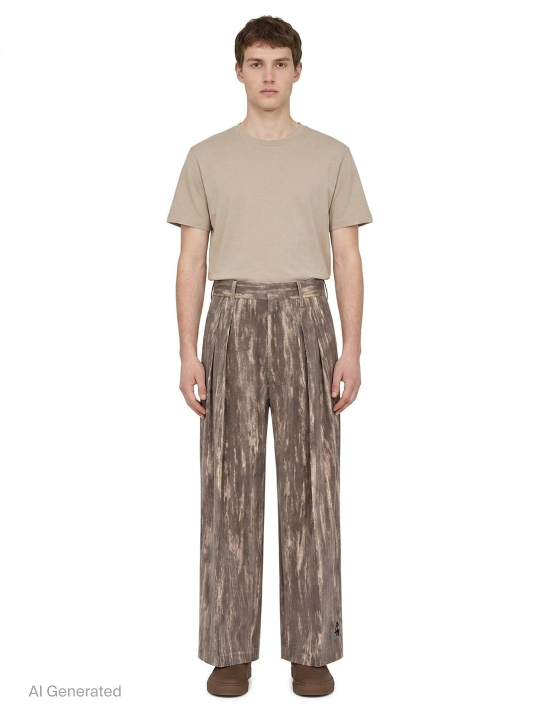 doublet Dust Flocky Trousers in a mottled earthy brown abstract print, featuring wide-leg cut with front pleats and embroidered graphic at the hem, displayed flat on white background - front
