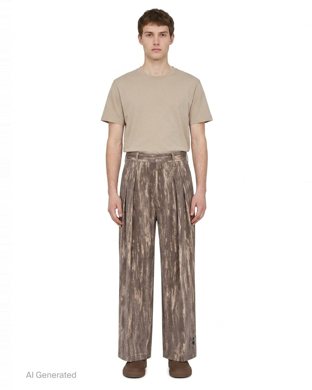 doublet Dust Flocky Trousers in a mottled earthy brown abstract print, featuring wide-leg cut with front pleats and embroidered graphic at the hem, displayed flat on white background - front