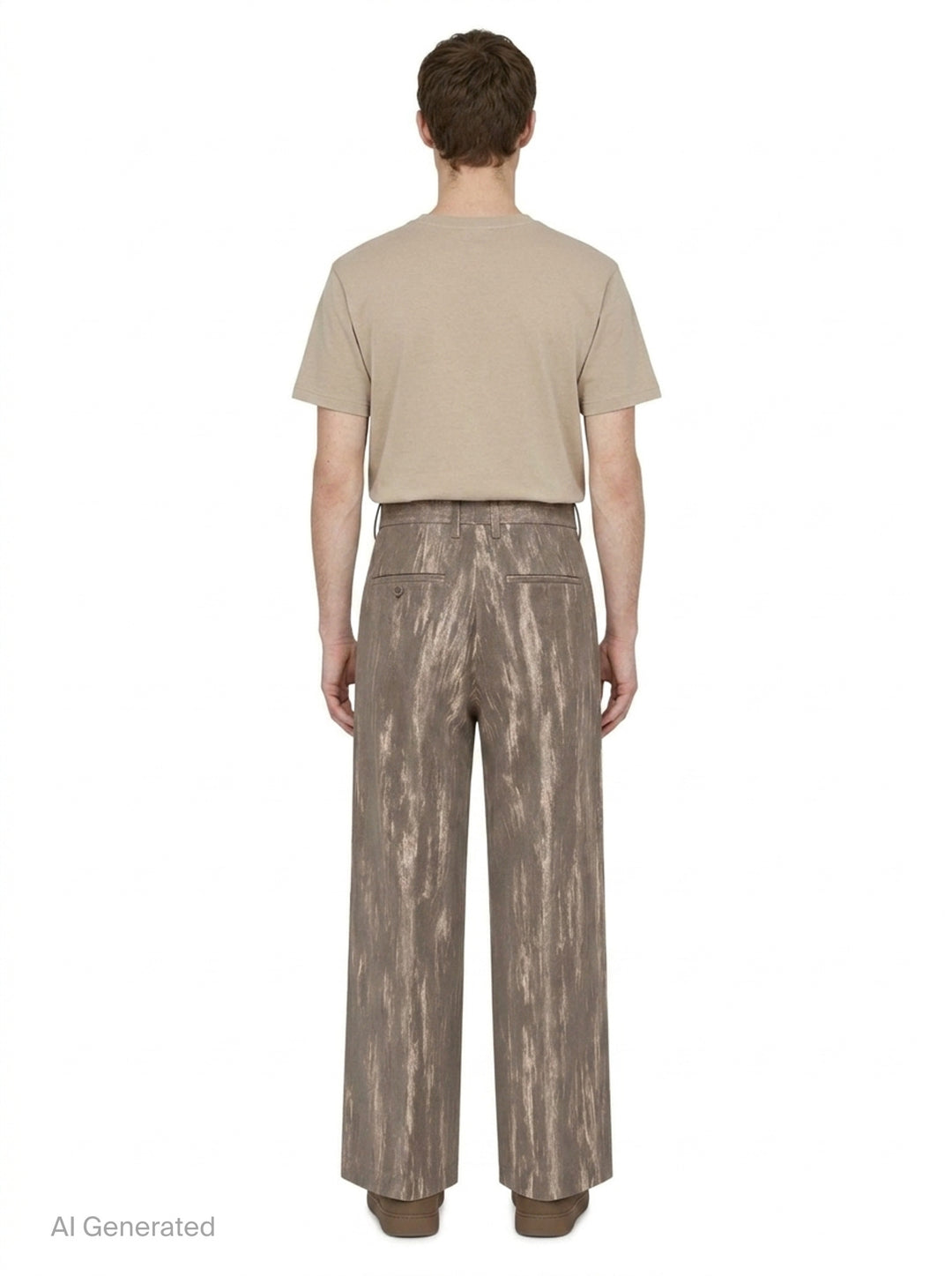 doublet Dust Flocky Trousers in a mottled earthy brown abstract print, featuring wide-leg cut with front pleats and embroidered graphic at the hem, displayed flat on white background - back