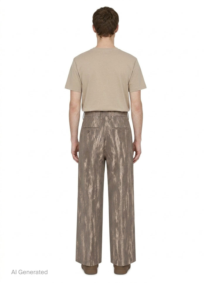 doublet Dust Flocky Trousers in a mottled earthy brown abstract print, featuring wide-leg cut with front pleats and embroidered graphic at the hem, displayed flat on white background - back