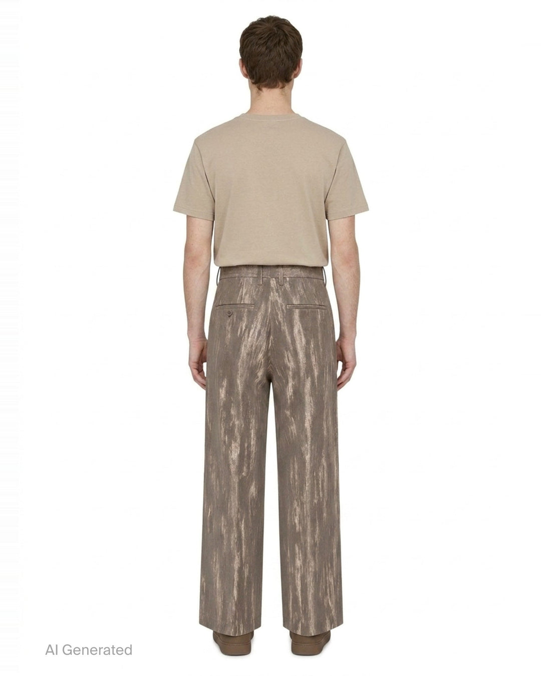 doublet Dust Flocky Trousers in a mottled earthy brown abstract print, featuring wide-leg cut with front pleats and embroidered graphic at the hem, displayed flat on white background - back