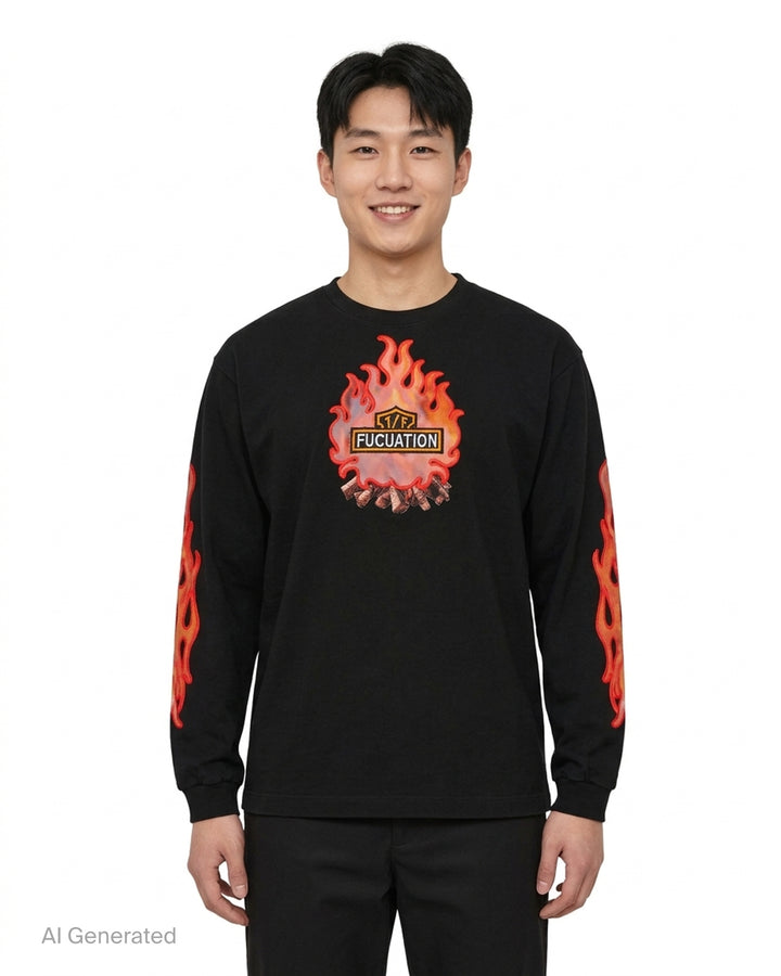 doublet black long sleeve tee with a lenticular campfire flame appliqué and Fucuation badge on the chest, with flame appliqués down both sleeves - front