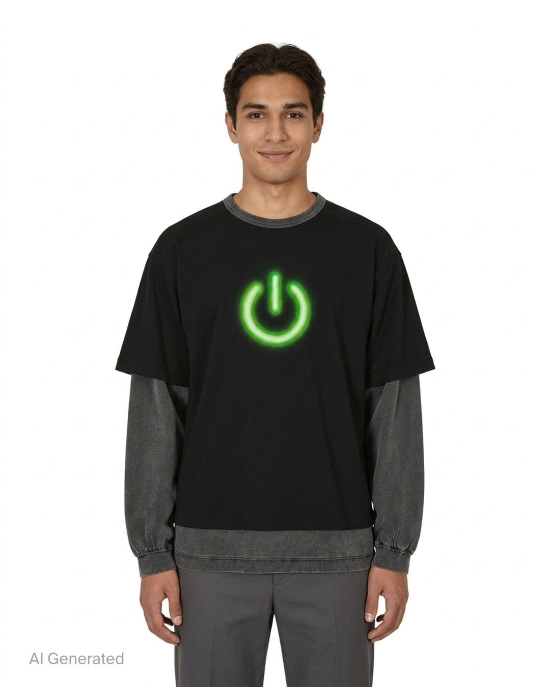 doublet On&Off reversible long sleeve T-shirt in black with a glowing green power-button graphic and faded grey layered sleeves - front
