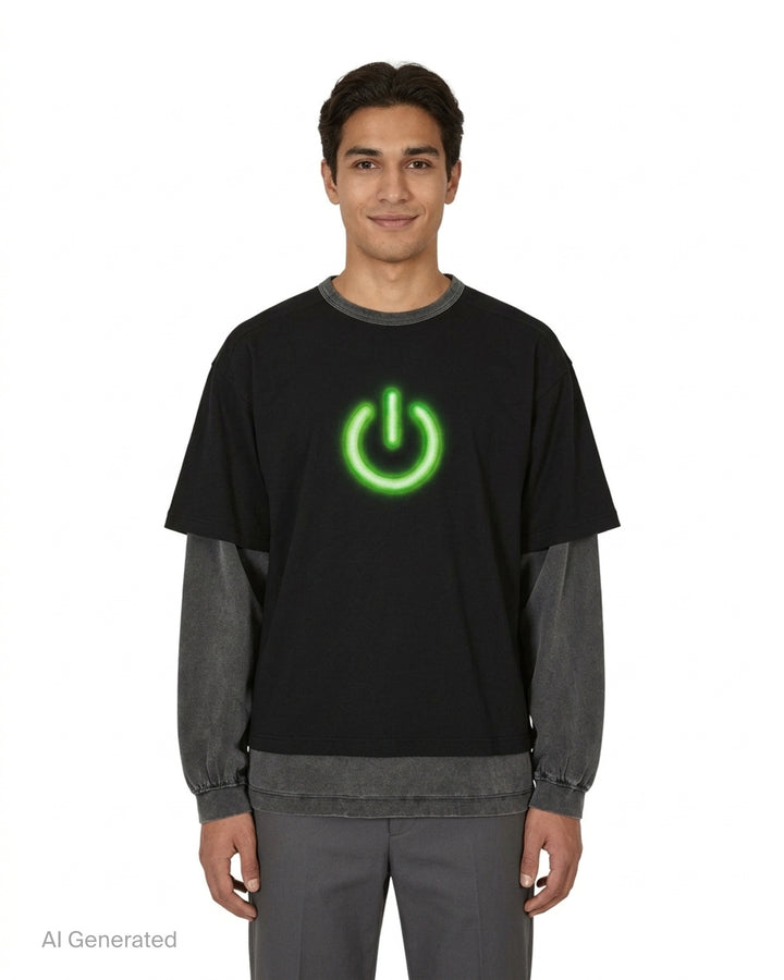 doublet On&Off reversible long sleeve T-shirt in black with a glowing green power-button graphic and faded grey layered sleeves - front
