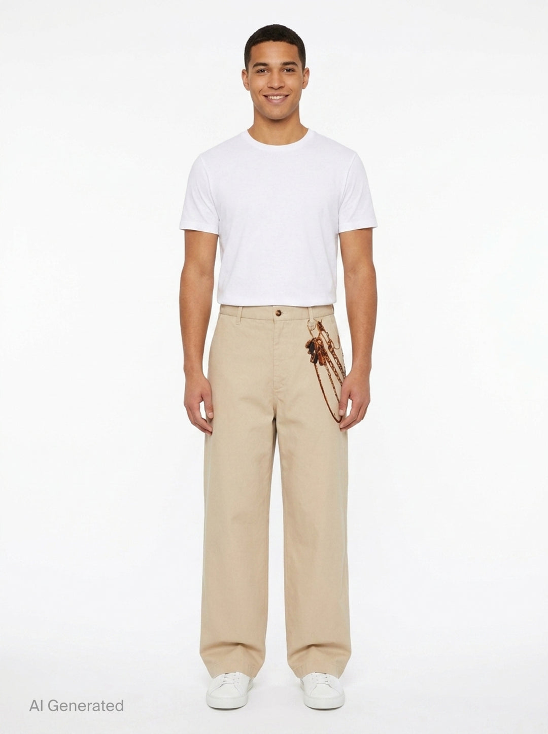 doublet Trompe L'Oeil Embroidery Chinos in sand, featuring a wide-leg silhouette and a detailed embroidery of a key ring with chains and keys at the hip - front