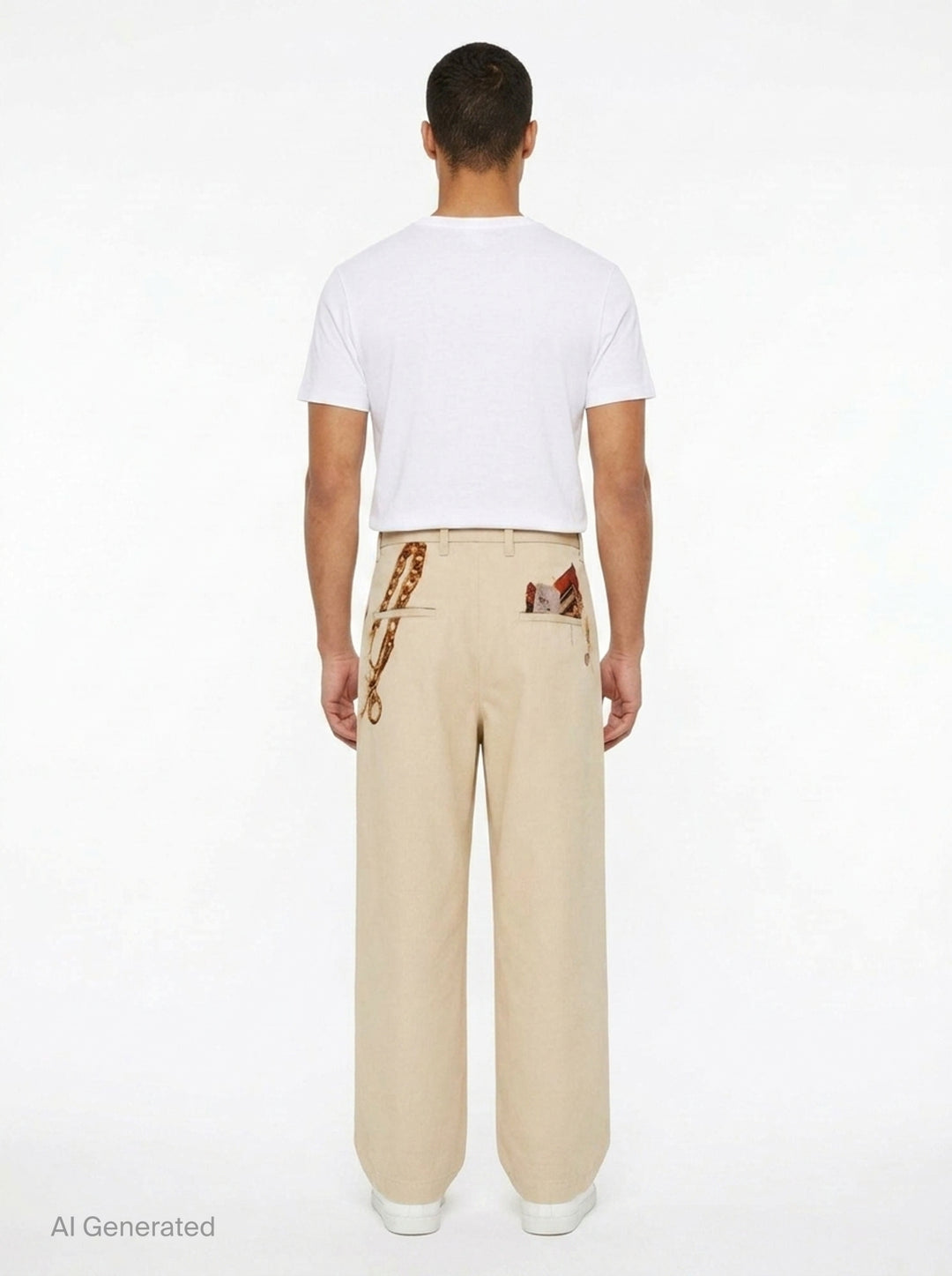 doublet Trompe L'Oeil Embroidery Chinos in sand, featuring a wide-leg silhouette and a detailed embroidery of a key ring with chains and keys at the hip - back
