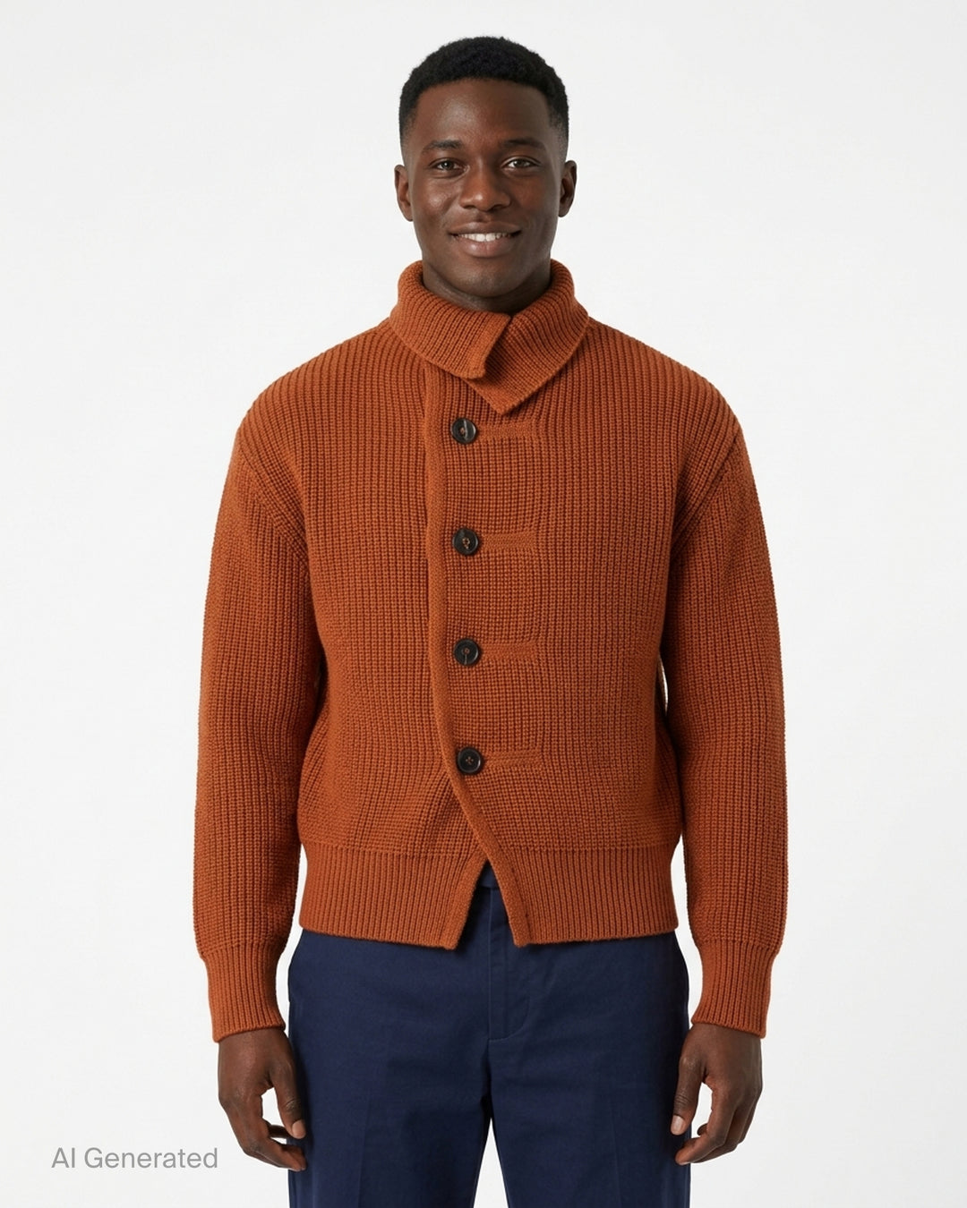 Dries Van Noten rust-toned ribbed knit cardigan with asymmetric button placket and draped funnel collar - front
