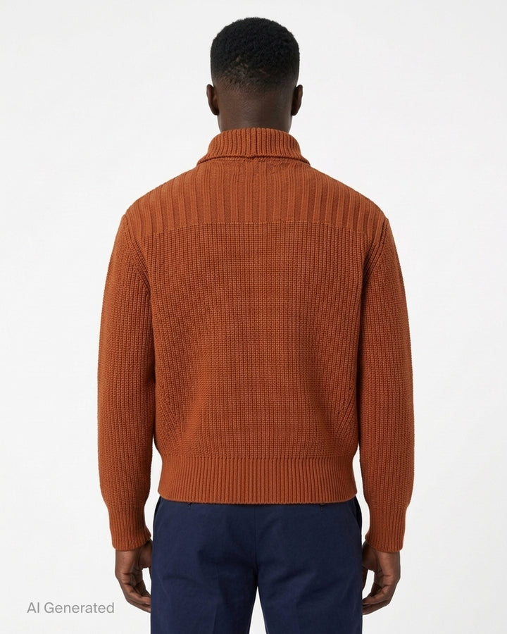 Dries Van Noten rust-toned ribbed knit cardigan with asymmetric button placket and draped funnel collar - back