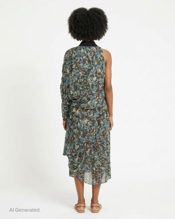 Dries Van Noten asymmetrical pleated dress in a blue, olive, and ivory floral print with draped bodice and ribbed black neckline trim - back