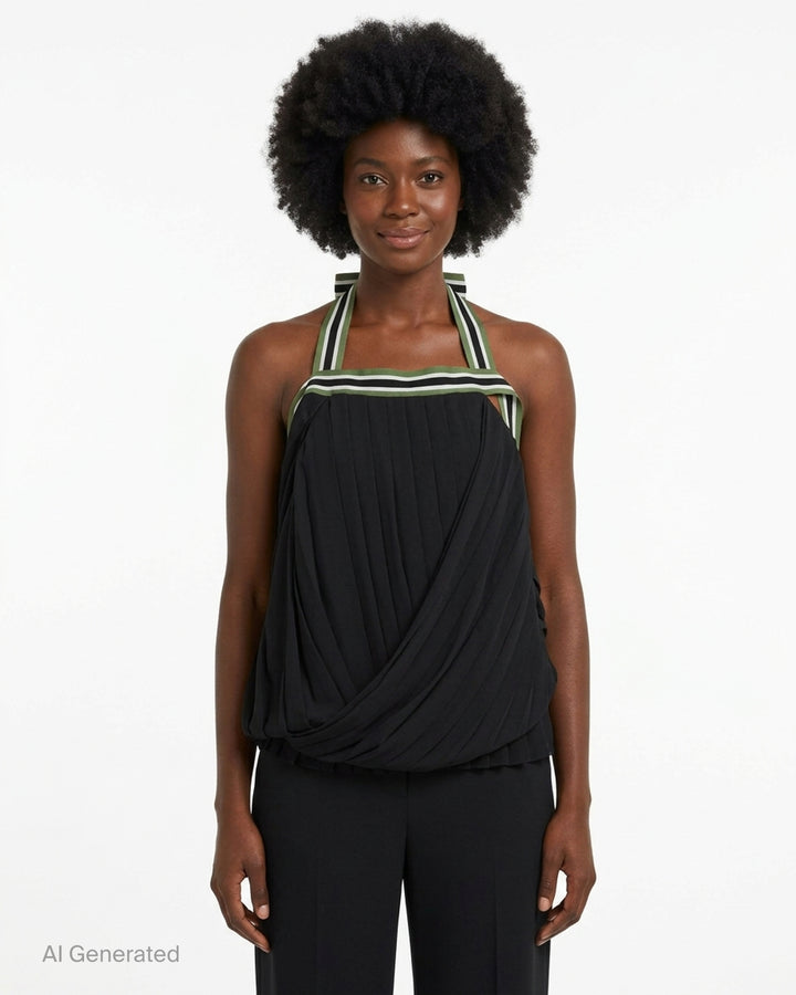 Dries Van Noten asymmetrical pleated top in sheer navy, olive and cream plaid with draped wrap front and striped ribbon bow at the neckline - front