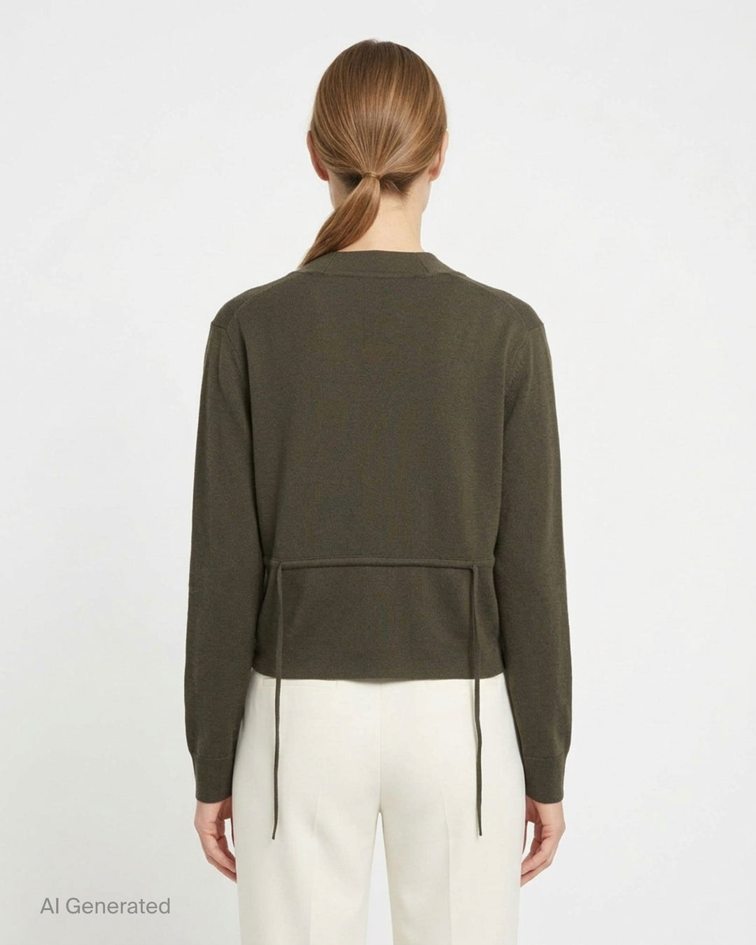 Dries Van Noten Back Tie Cardigan in olive brown, featuring draped overlapping front panels, a single-button fastening with tassel, and a cropped fine-gauge knit silhouette - back