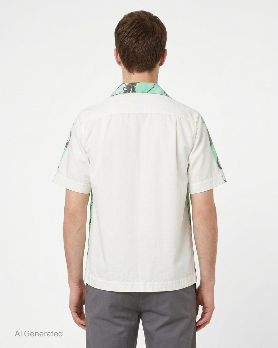 Dries Van Noten boxy fit short sleeve shirt with an oversized marbled mint green floral print on charcoal, camp collar, white buttons and flap chest pockets - back