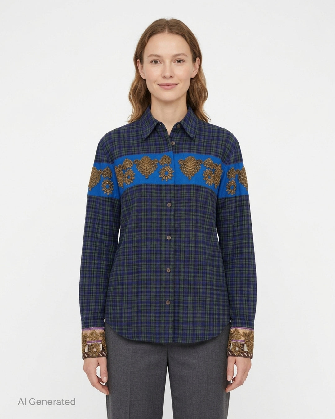 Dries Van Noten blue and green brushed flannel check shirt with cobalt chest band, gold embroidered motifs and embellished cuffs - front