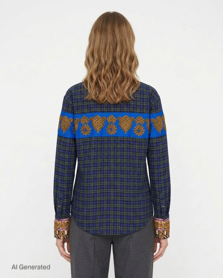Dries Van Noten blue and green brushed flannel check shirt with cobalt chest band, gold embroidered motifs and embellished cuffs - back