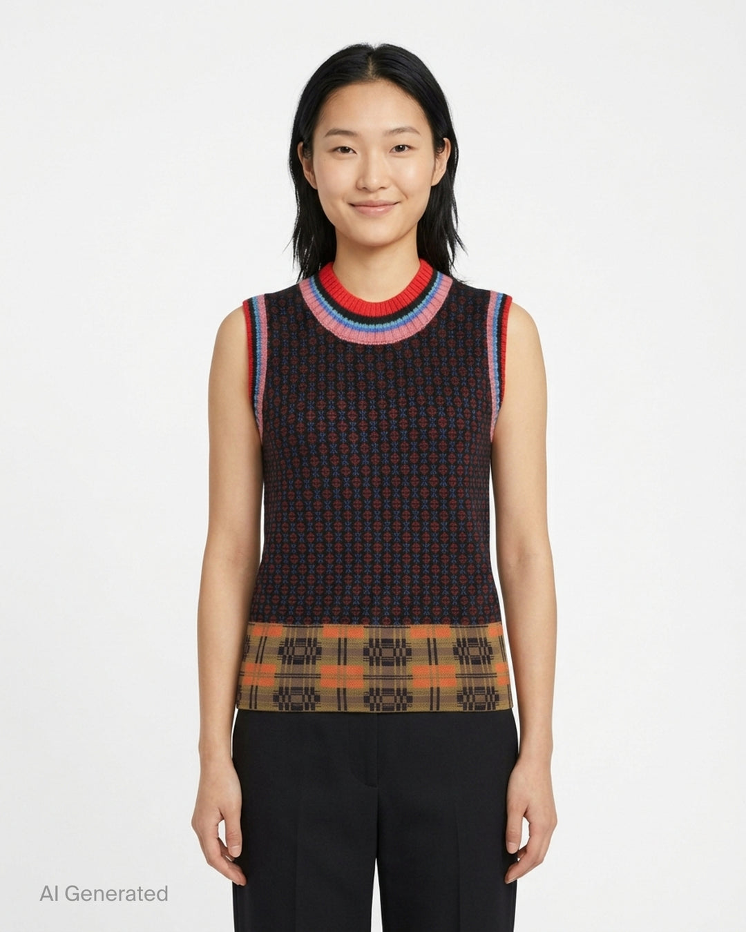 Dries Van Noten sleeveless knit vest with geometric jacquard body, striped ribbed neckline and plaid-pattern hem - front