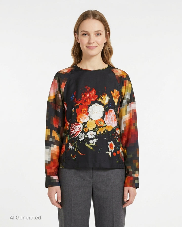 Dries Van Noten long-sleeve woven top — back view — with a Dutch Master floral bouquet print on a black body and pixelated mosaic-print sleeves in warm amber, red, and multicolour tones - front